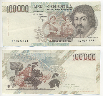 Италия 100000 лир 1983 Караваджо, фруктовый букет, подпись Speziali Pick 110b бумага 7220-24-2
