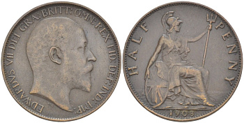 Великобритания 1/2 пенни 1908 Эдуард VII (1901-1910) KM 793.2, Spink 3991 бронза 4182-1124