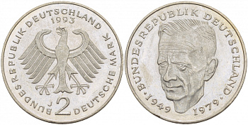 ФРГ 2 МАРКИ 1993 J, КУРТ ШУМАХЕР KM 149, J. 424 медно-никель плакированный никелем 3718-756