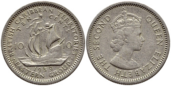 Британские Восточно-Карибские территории 10 центов 1959 Елизавета II (1952-2022), парусник KM 5 медно-никель 4387-711