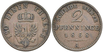 Пруссия 2 пфеннига 1868 A, Вильгельм I (1861-1888) KM 481, Jaeger 51, AKS 107, Olding 425 медь   31-625