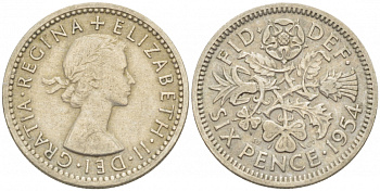 Великобритания 6 пенсов 1954 Елизавета II (1952-2022) KM 903, Spink 4149 медно-никель 214-1061