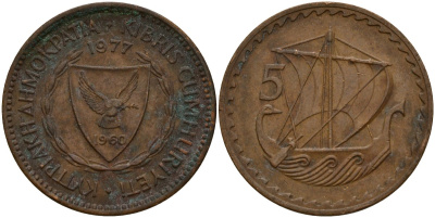 Кипр 5 милей 1977 Елизавета II (1953-) KM 39 бронза 4159-743