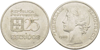 Португалия 25 эскудо 1980 первый год KM 607а медно-никель 113-241