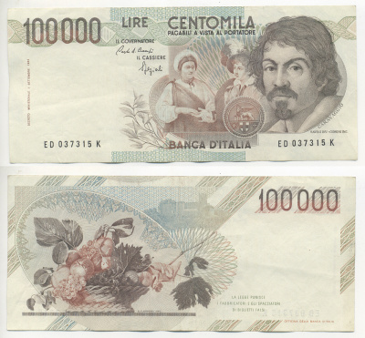 Италия 100000 лир 1983 Караваджо, фруктовый букет, подпись Speziali Pick 110b бумага 7220-24-2