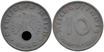 ГЕРМАНИЯ 10 РЕЙХСПФЕННИГОВ 1940 D KM 101, J. 371 цинк 4401-837