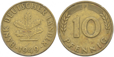 ФРГ 10 ПФЕННИГОВ 1949 F KM 103, J. 378 сталь плакированная латунью 4539-1051