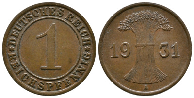 Германия 1 рейхспфенниг 1931 A KM 37, J. 313 бронза 4380-1218