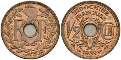 Французский Индокитай 1/2 сантима 1939 KM 20 бронза 4147-163