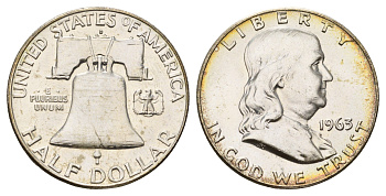 США 1/2 доллара (50 центов) 1963 D, Бенджамин Франклин, колокол KM 199 серебро aUNC 1527-533