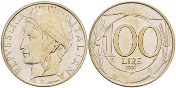 ИТАЛИЯ 100 ЛИР 1997 R KM 159 медно-никель 4529-145
