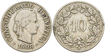 ШВЕЙЦАРИЯ 10 РАППЕНОВ 1908 В KM 27 медно-никель 4513-221
