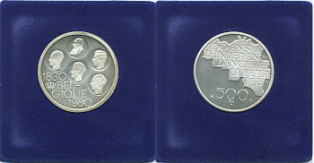 Бельгия 500 франков 1980 150 лет независимости, Belgique, Бодуэн I (1951-1993) KM 161 медно-никель покрытый серебром UNC 7-4-2-25