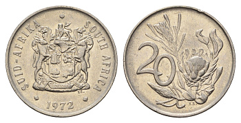 ЮАР 20 центов 1972 герб, цветок протея KM 86 никель 4114-635