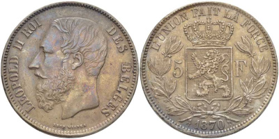 Бельгия 5 франков 1870 Леопольд II (1865-1909) KM 24 серебро 5010-913