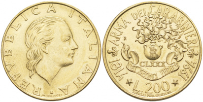 Италия 200 лир 1994 R, 180 лет карабинерам KM 164 алюминиевая бронза UNC 186-227