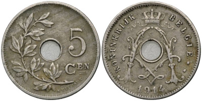 БЕЛЬГИЯ 5 САНТИМОВ 1914 BELGIE, АЛЬБЕРТ I (1909-1934) KM 67 медно-никель 4548-1255