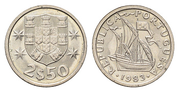Португалия 2,5 эскудо 1983 парусник KM 590 медно-никель UNC 4708-361