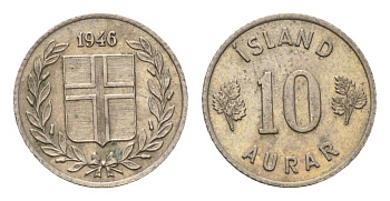 Исландия 10 эйре 1946 KM 10 медно-никель aUNC 4690-652