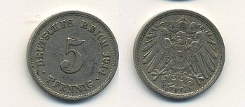 ГЕРМАНИЯ 5 ПФЕННИГОВ 1914 E, KM 11, J. 12 медно-никель 54-728