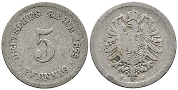 ГЕРМАНИЯ 5 ПФЕННИГОВ 1875 J, СТАРОГЕРБОВКА KM 3, J. 3 медно-никель 39-352