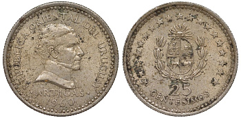 Уругвай 25 сентесимо 1960 KM 40 медно-никель 4580-739