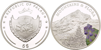 Палау 5 долларов 2010 горы и флора, Альпшпитце, 2628 метра, эмаль KM 302 серебро PROOF 1088-1-12