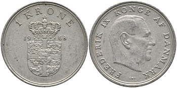 ДАНИЯ 1 КРОНА 1968 C;S, ФРЕДЕРИК IX (1947-1972) KM 851.1 медно-никель 113-857