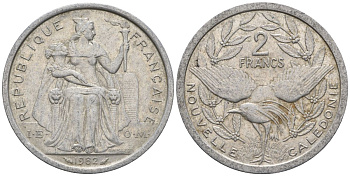 Французская Новая Каледония 2 франка 1982 птица кагу, (IEOM) KM 14, Schoen 11, Lec 62 алюминий    08-843