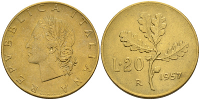 Италия 20 лир 1957 R, дубовый лист KM 97.1 алюминиевая бронза 4594-1054