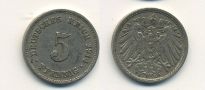 ГЕРМАНИЯ 5 ПФЕННИГОВ 1914 E, KM 11, J. 12 медно-никель 54-728
