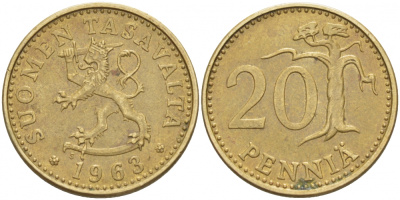 ФИНЛЯНДИЯ 20 ПЕННИ 1963 S KM 47 алюминиевая бронза 3996-647