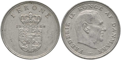 ДАНИЯ 1 КРОНА 1968 C;S, ФРЕДЕРИК IX (1947-1972) KM 851.1 медно-никель 113-857