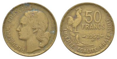 Франция 50 франков 1953 B KM 918.1, Le Frank 425.10 алюминиевая бронза 4563-554