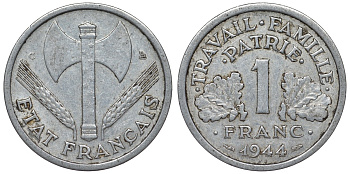 Франция 1 франк 1944 С, правительство Виши KM 902.2, Le Franc 223.7 алюминий 4128-351