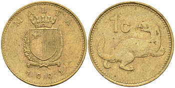 Мальта 1 цент 1991 ласка, горностай KM 93 никель латунь 4585-1212