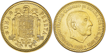 Испания 1 песета 1966 (75) Франциско Франко (1939-1975) КМ 796 алюминиевая бронза 216-415