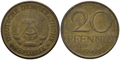 ГДР 20 пфеннигов 1969 А, первый год KM 11 латунь 4601-522