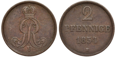 Брауншвейг-Каленберг-Ганновер 2 пфеннига 1854 B, Георг V (1851-1866) KM 217,aKS 152, J. 84 медь 4142-236