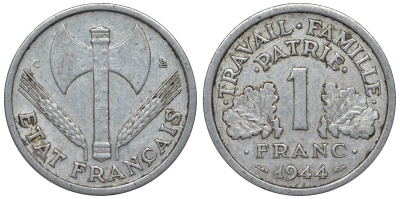 Франция 1 франк 1944 С, правительство Виши KM 902.2, Le Franc 223.7 алюминий 4128-351