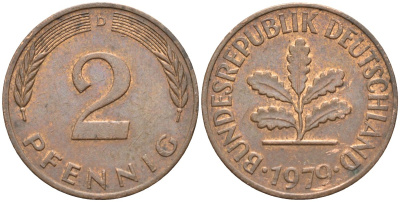 ФРГ 2 пфеннига 1979 D KM 106a, J.381 сталь плакированная медью 4174-628