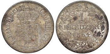 Бавария 1 крейцер 1864 Максимилиан II (1848-1864) KM 473 серебро 75-865