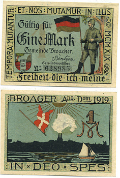 Броагер (Дания) 1 марка 1919 нотгельд Grabowski 188.1 бумага 000-00-00