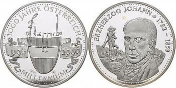 Австрия медаль 1996 МИЛЛЕНИУМ, 1000 ЛЕТ АВСТРИИ (966-1996), ЭРЦГЕРЦОГ ИОГАНН (1782-1859) серебро PROOF 00-00