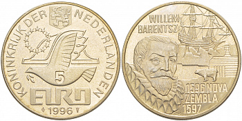 НИДЕРЛАНДЫ 5 ЕВРО ЭКЮ 1996 ВИЛЛЕМ БАРЕНЦ, ГОЛАНДСКИЙ МОРЕПЛАВАТЕЛЬ, ОТКРЫТИЕ НОВОЙ ЗЕМЛИ НОВАЯ ЗЕМЛЯ медно-никель UNC 1087-7-74