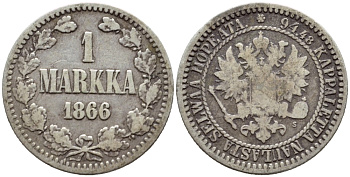 Россия для Финляндии 1 марка 1866 S, Александр II (1855-1881) KM 3.1, Биткин 626 серебро    633-222