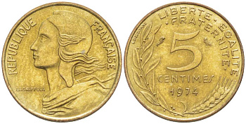 ФРАНЦИЯ 5 САНТИМОВ 1974 ТИП MARIANE KM 933, LE FRANC 125.10 алюминиевая бронза 4516-817