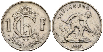 Люксембург 1 франк 1952 Шарлотта (1918-1964), сталевар KM 46.2 медно-никель 4603-1116