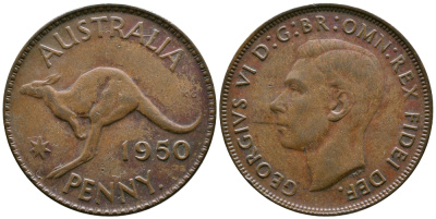 Австралия 1 пенни 1950 p, Георг VI (1936-1952), кенгуру KM 43 бронза 74-231