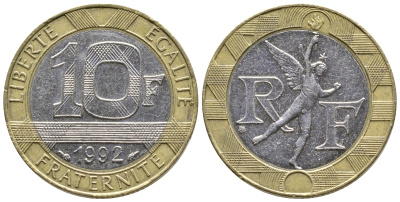 Франция 10 франков 1992 тип гений Бастилии KM 964.1, Le Frank 375.8 биметалл 93-1457